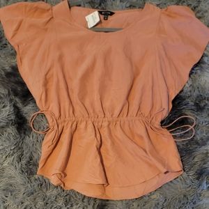 NWT Express Womens Short Sleeve Blouse Cinched Waist Pink Size Small